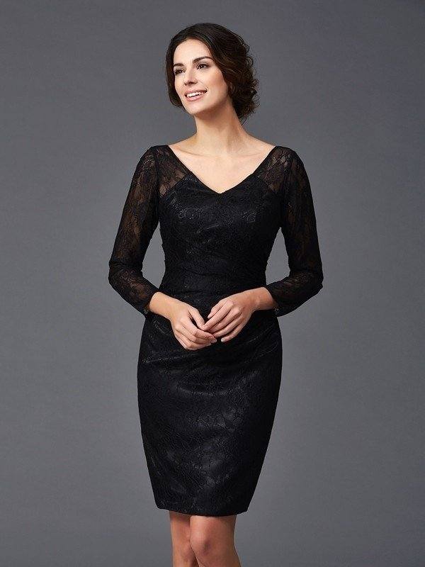 Sheath/Column V-neck Lace Long Sleeves Short Elastic Woven Satin Mother of the Bride Dresses - RongMoon