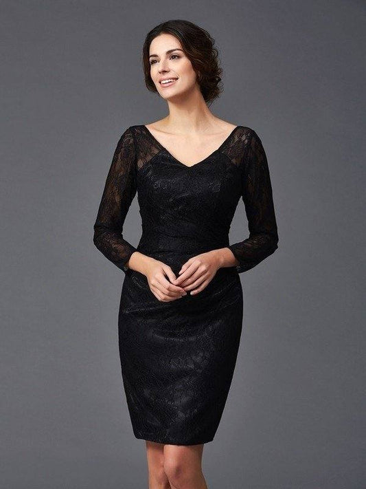 Sheath/Column V-neck Lace Long Sleeves Short Elastic Woven Satin Mother of the Bride Dresses - RongMoon