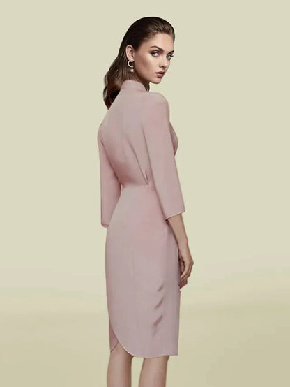 Mother of the Bride Dress Elegant V Neck Knee Length Charmeuse Length Sleeve with Sash Ribbon Pleats