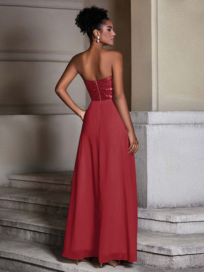 Strapless Sweetheart Sequins Lace Top Chiffon Dress-Burgundy