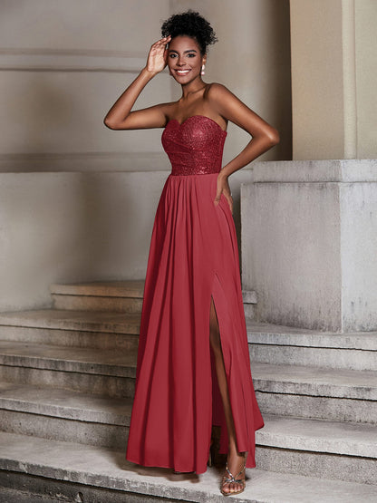 Strapless Sweetheart Sequins Lace Top Chiffon Dress-Burgundy