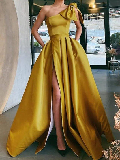 A-Line Vintage Sexy Party Wear Formal Evening Dress One Shoulder Sleeveless Sweep / Brush Train Satin with Bow(s) Pleats Split - RongMoon