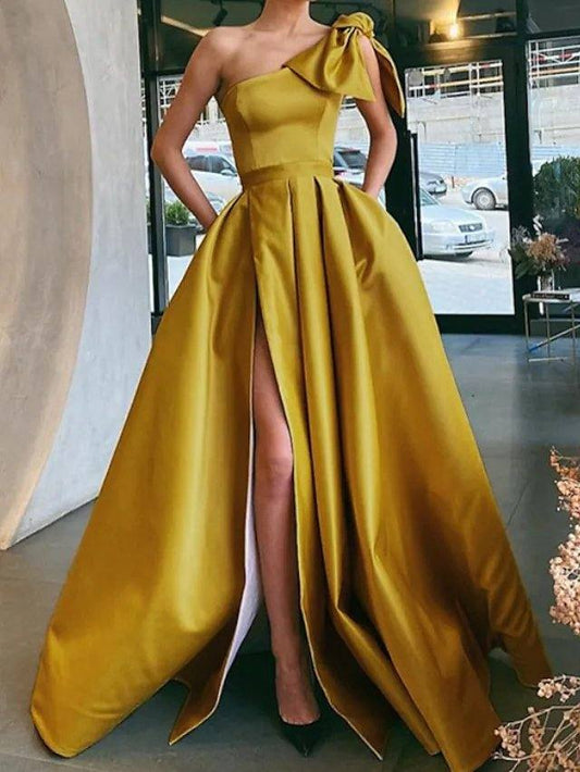 A-Line Vintage Sexy Party Wear Formal Evening Dress One Shoulder Sleeveless Sweep / Brush Train Satin with Bow(s) Pleats Split - RongMoon