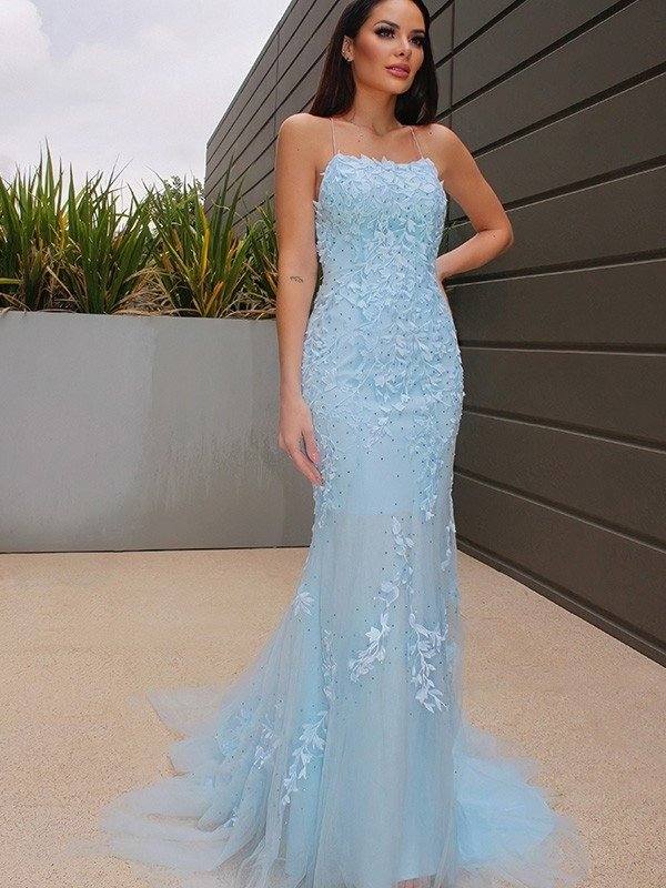 Trumpet/Mermaid Halter Sleeveless Lace Tulle Sweep/Brush Train Dresses - RongMoon