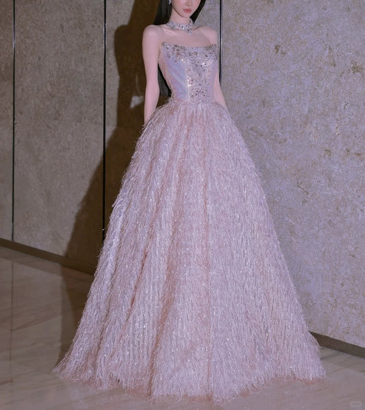 Girlhomeshops-Pink Fashion Beaded Elegant Long Tulle Ball Gown Evening Dress gh5074