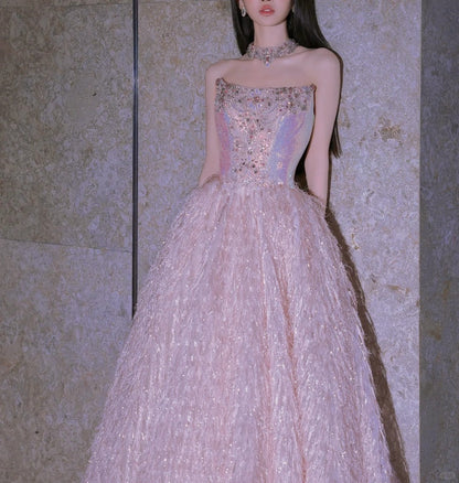 Girlhomeshops-Pink Fashion Beaded Elegant Long Tulle Ball Gown Evening Dress gh5074