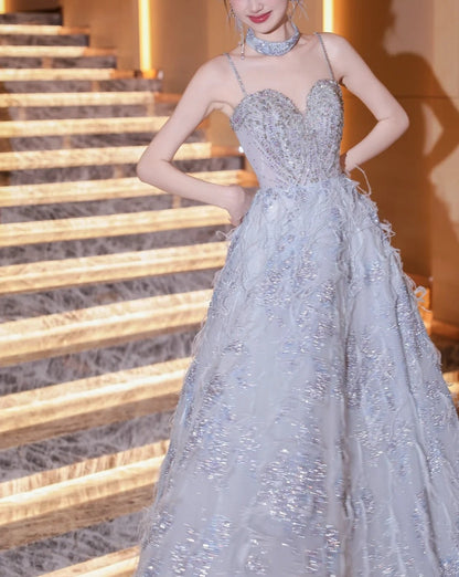 Girlhomeshops-Blue fashion beaded elegant long tulle ball gown evening dress gh5075