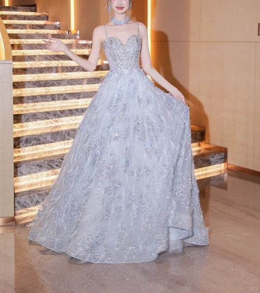 Girlhomeshops-Blue fashion beaded elegant long tulle ball gown evening dress gh5075