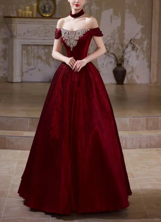 Girlhomeshops-Burgundy Retro Elegant Rhinestone Beaded Long Velvet Ball Gown Evening Dress gh5073