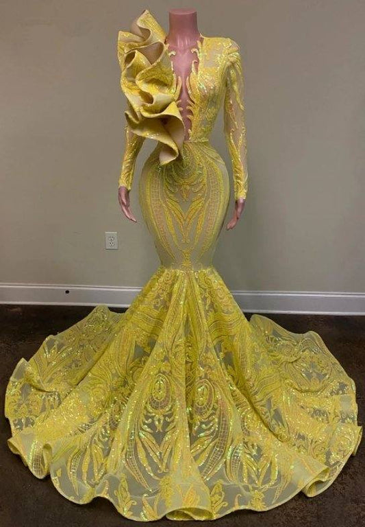 Yellow Robe De Soiree Mermaid Long Sleeves Appliques Sequins Long Prom Dresses Prom Gown Evening Dresses - RongMoon