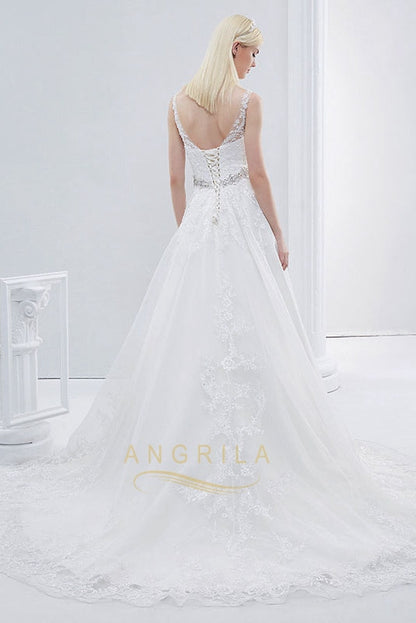 A-line V-neck Sleeveless Beading Wedding Dresses