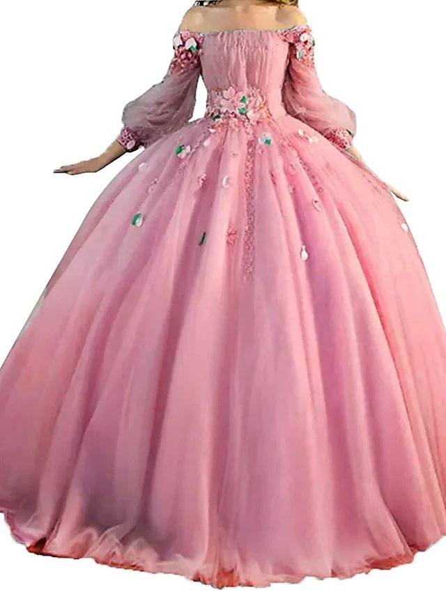 Ball Gown Elegant Floral Quinceanera Prom Dress Off Shoulder Long Sleeve Floor Length Tulle with Pleats Appliques - RongMoon