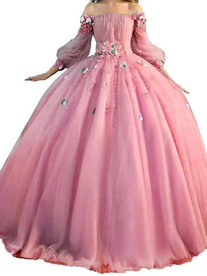 Ball Gown Elegant Floral Quinceanera Prom Dress Off Shoulder Long Sleeve Floor Length Tulle with Pleats Appliques - RongMoon