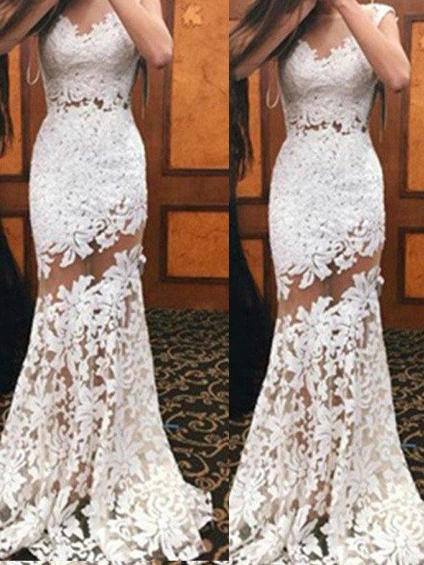 Trumpet/Mermaid Scoop Sleeveless Sweep/Brush Train Lace Dresses - RongMoon