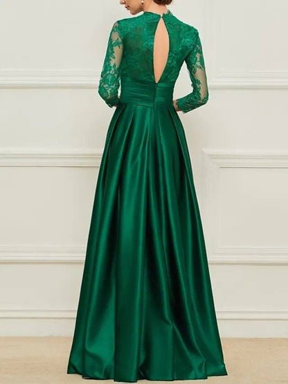 Sheath / Column Mother of the Bride Dress Elegant High Neck Floor Length Lace Satin 3/4 Length Sleeve with Sash / Ribbon Appliques - RongMoon