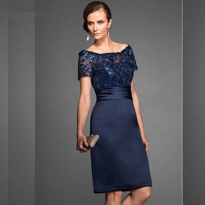 Navy Blue Mother Of The Bride Dresses Sheath Knee Length Sequins Plus Size Wedding Party Dress Mother Dress For Wedding - RongMoon
