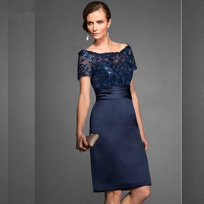 Navy Blue Mother Of The Bride Dresses Sheath Knee Length Sequins Plus Size Wedding Party Dress Mother Dress For Wedding - RongMoon
