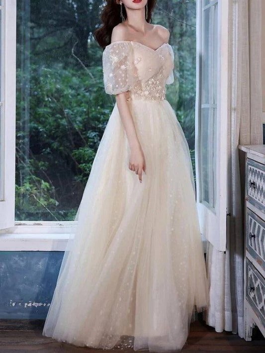 A-Line Elegant Engagement Prom Dress Off Shoulder Short Sleeve Floor Length Tulle with Appliques - RongMoon