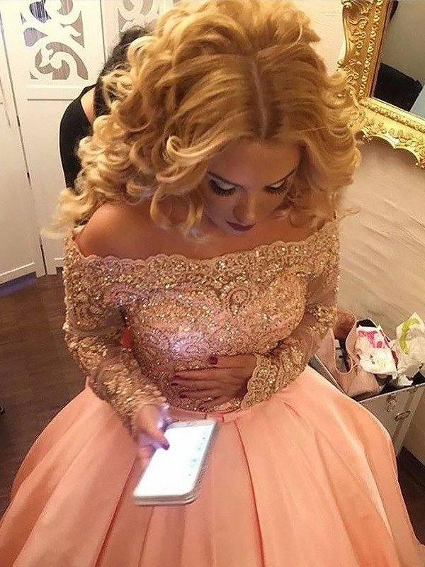 Ball Gown Long Sleeves Off-the-Shoulder Beading Satin Court Train Dresses - RongMoon