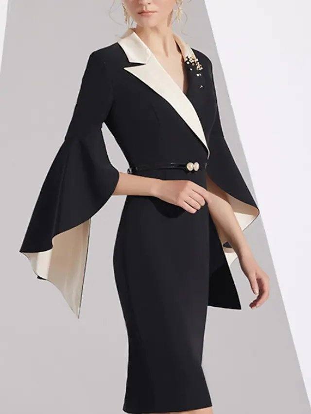 Sheath / Column Mother of the Bride Dress Elegant Shirt Collar Knee Length Charmeuse Long Sleeve with Sash / Ribbon Beading - RongMoon