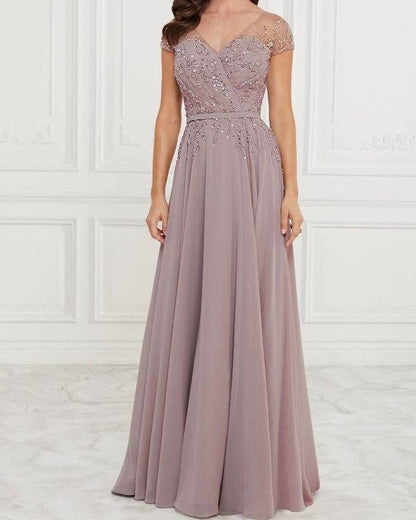 A-Line Mother of the Bride Dress Elegant V Neck Floor Length Chiffon Lace Sleeveless with Pleats Sequin - RongMoon