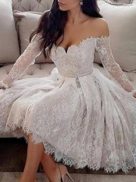 A-Line Wedding Dresses Sweetheart Neckline Short / Mini Lace Tulle Long Sleeve Vintage 1950s with Appliques - RongMoon