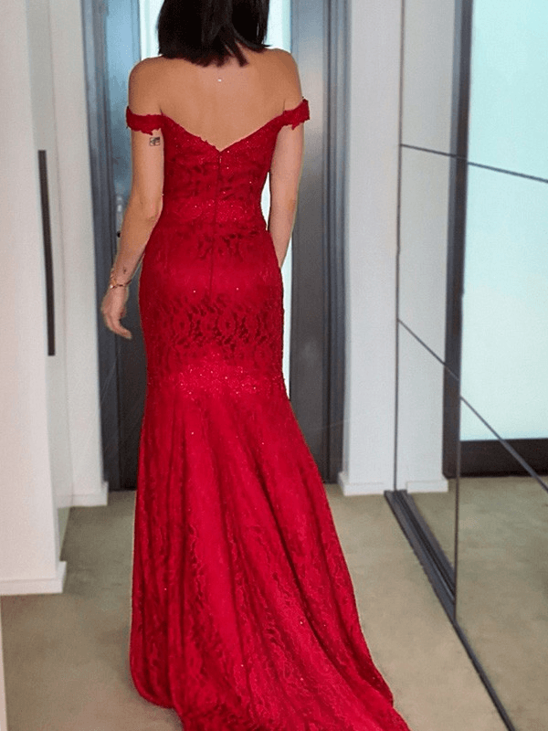 Sheath/Column Off-the-Shoulder Sleeveless Lace Ruffles Sweep/Brush Train Dresses - RongMoon