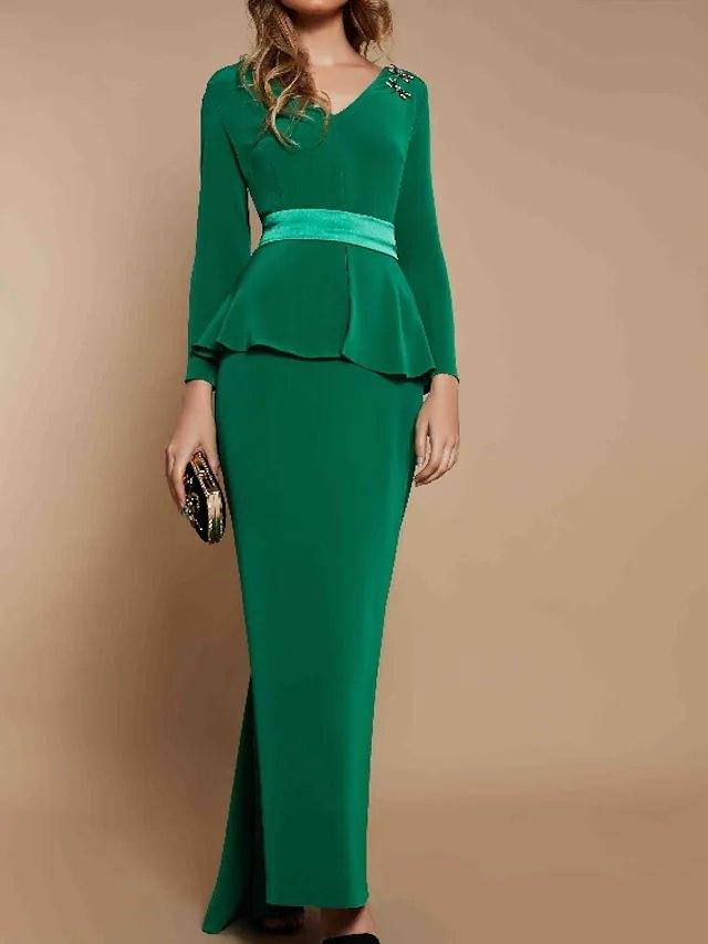 Sheath / Column Mother of the Bride Dress Elegant V Neck Floor Length Charmeuse Long Sleeve with Sash / Ribbon Ruffles - RongMoon
