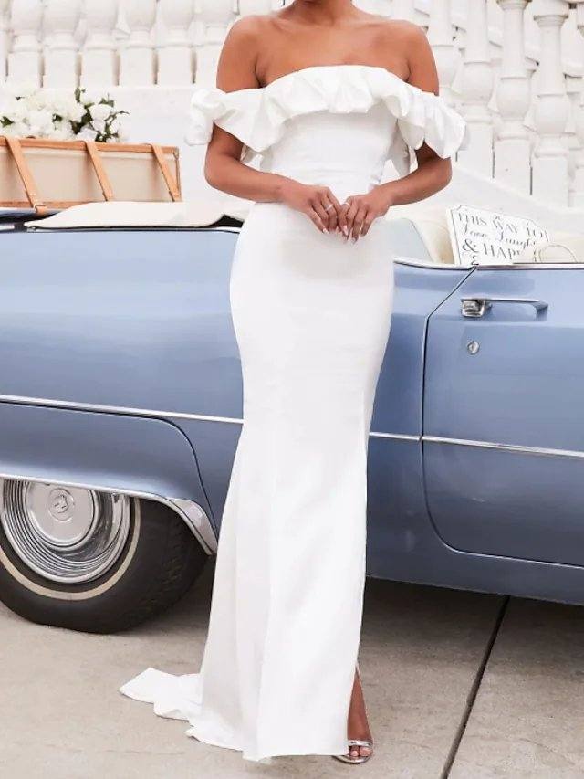 Mermaid / Trumpet Minimalist Sexy Engagement Prom Dress Off Shoulder Sleeveless Sweep / Brush Train Stretch Satin with Ruffles Split - RongMoon