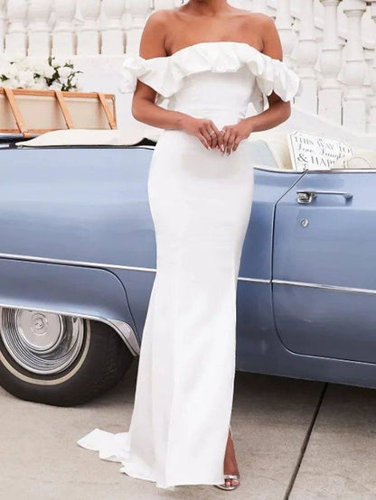 Mermaid / Trumpet Minimalist Sexy Engagement Prom Dress Off Shoulder Sleeveless Sweep / Brush Train Stretch Satin with Ruffles Split - RongMoon
