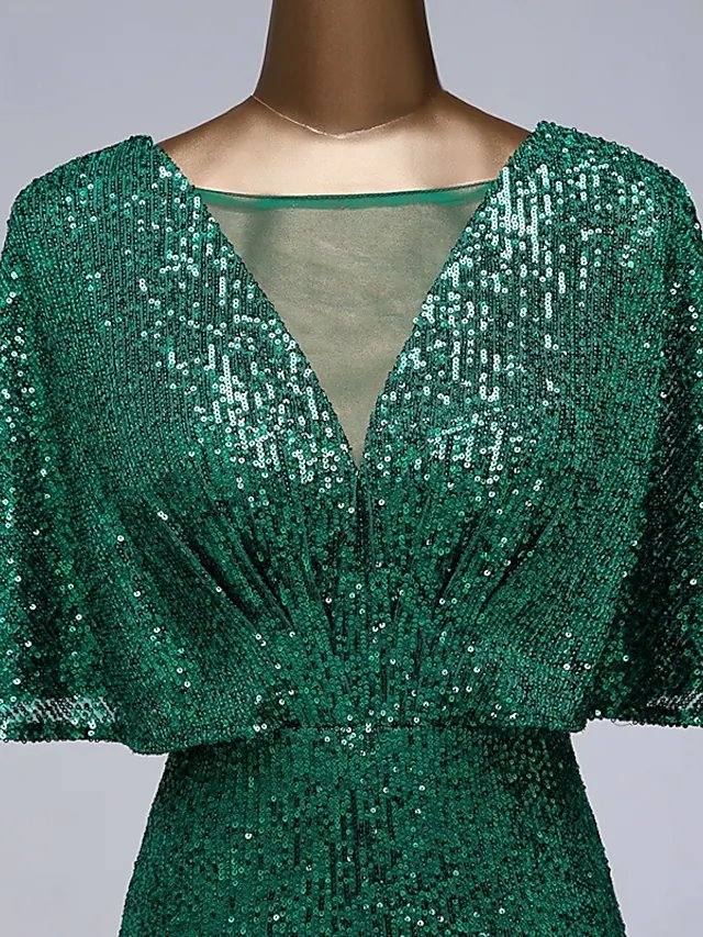 Mermaid / Trumpet Sparkle Elegant Prom Formal Evening Dress Illusion Neck Half Sleeve Floor Length Sequined with Sequin Ruffles - RongMoon