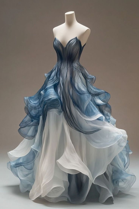 Unique Blue A Line Tulle Long Prom Dress,Blue Strapless Evening Dress  cc2989