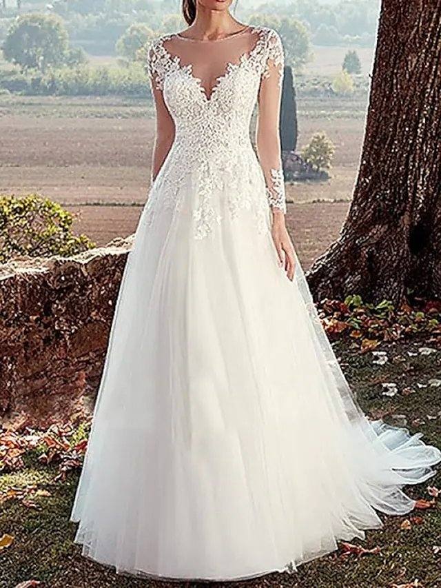 A-Line Wedding Dresses Bateau Neck Sweep / Brush Train Tulle Long Sleeve Formal Illusion Sleeve with Lace Insert - RongMoon