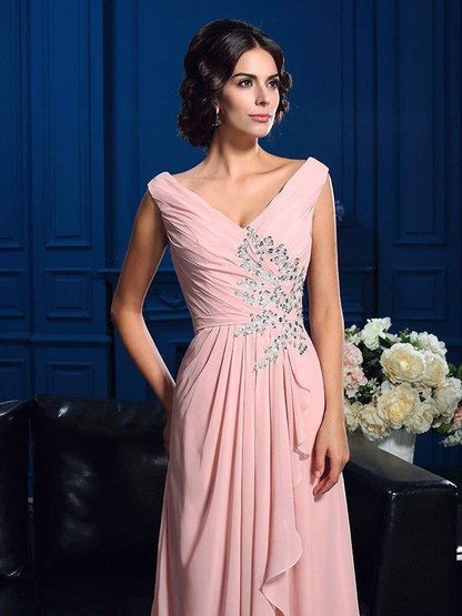 A-Line/Princess V-neck Beading Sleeveless Long Chiffon Mother of the Bride Dresses - RongMoon