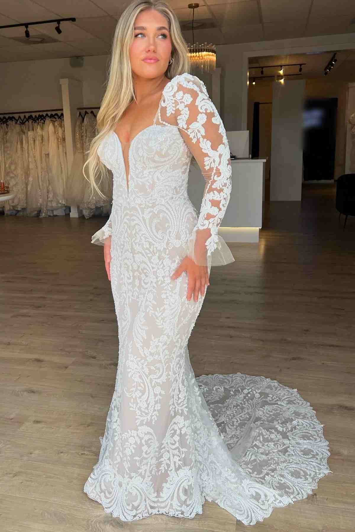 Applique Plunging V Neck Mermaid Lace Wedding Dress with Long Sleeves