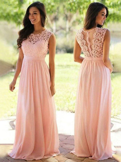 A-Line Jewel Neck Floor Length Chiffon / Lace Bridesmaid Dress with Sash / Ribbon / Pleats - RongMoon