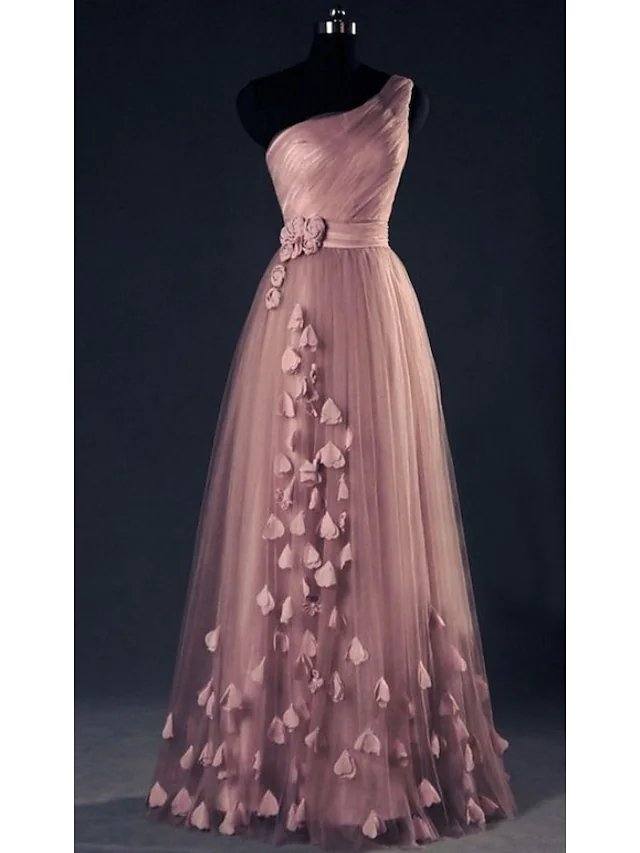 A-Line Elegant Floral Wedding Guest Prom Dress One Shoulder Sleeveless Floor Length Tulle with Appliques - RongMoon