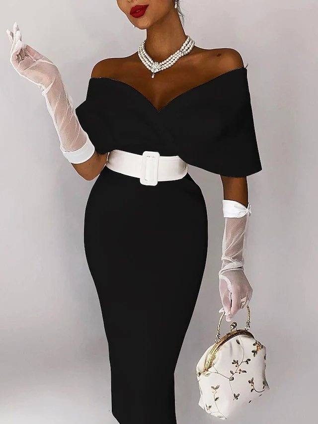 Sheath / Column Elegant bodycon Party Wear Cocktail Party Dress Off Shoulder Sleeveless Tea Length Stretch Fabric with Sash / Ribbon - RongMoon