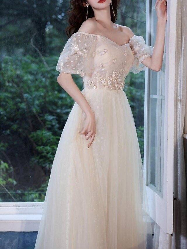 A-Line Elegant Engagement Prom Dress Off Shoulder Short Sleeve Floor Length Tulle with Appliques - RongMoon