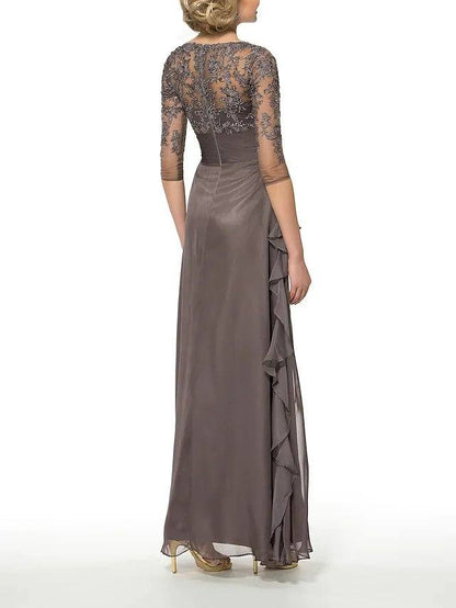 Sheath / Column Mother of the Bride Dress Elegant V Neck Floor Length Chiffon Lace Half Sleeve with Draping Appliques - RongMoon