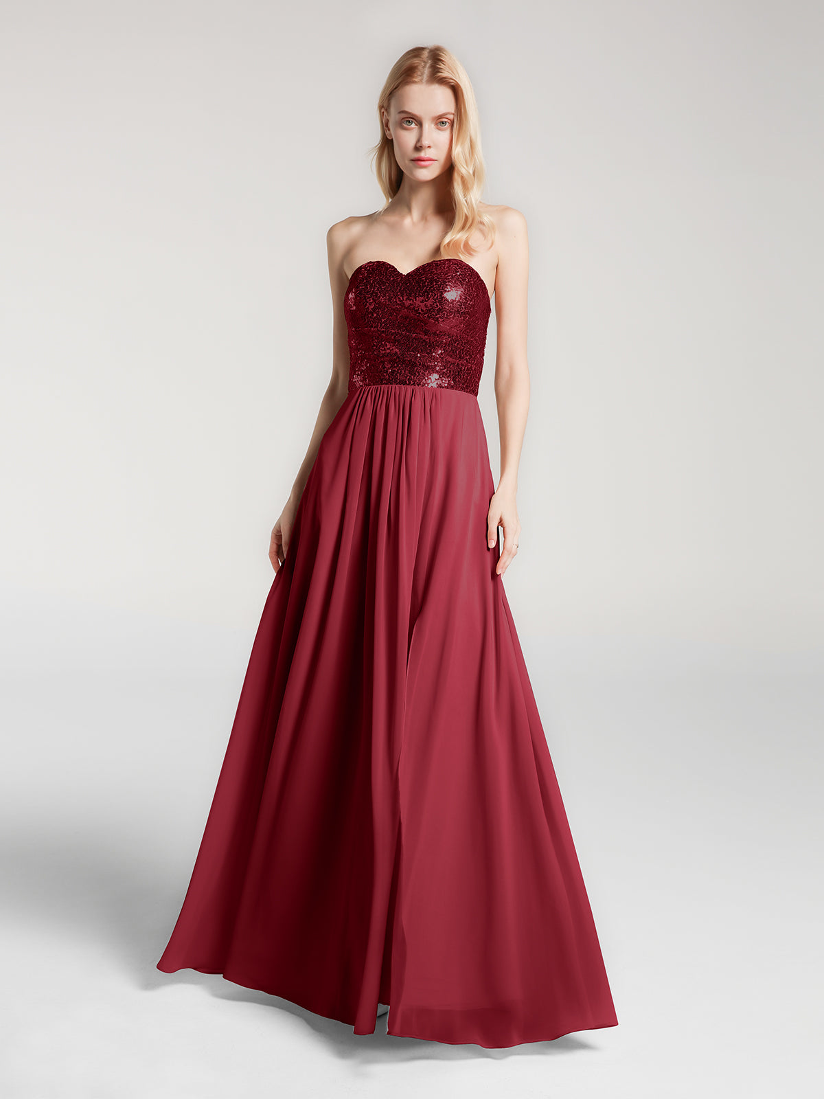 Strapless Sweetheart Sequins Lace Top Chiffon Dress-Burgundy