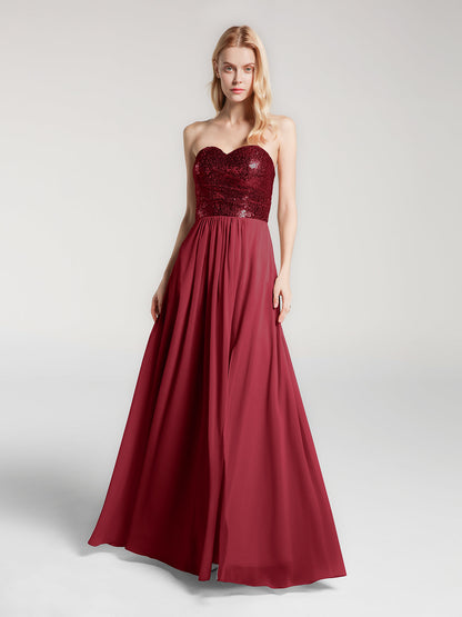 Strapless Sweetheart Sequins Lace Top Chiffon Dress-Burgundy