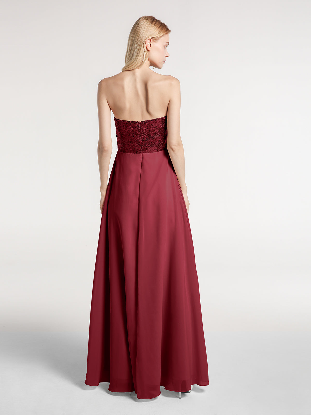 Strapless Sweetheart Sequins Lace Top Chiffon Dress-Burgundy