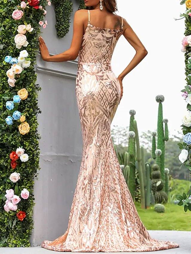 Mermaid / Trumpet Sparkle Sexy Engagement Formal Evening Dress Spaghetti Strap Strapless Sleeveless Sweep / Brush Train Stretch Fabric with Sequin - RongMoon