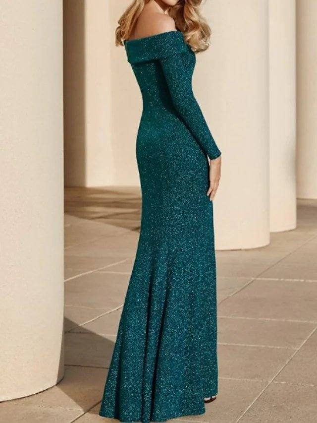 Sheath / Column Mother of the Bride Dress Elegant Off Shoulder Floor Length Satin Long Sleeve with Split Front - RongMoon