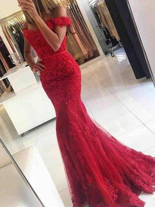 Trumpet/Mermaid Sleeveless Off-the-Shoulder Sweep/Brush Train Tulle Applique Dresses - RongMoon
