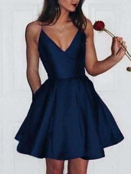 A-Line Minimalist Elegant Homecoming Cocktail Party Dress Spaghetti Strap Sleeveless Short / Mini Satin with Sleek Pleats - RongMoon