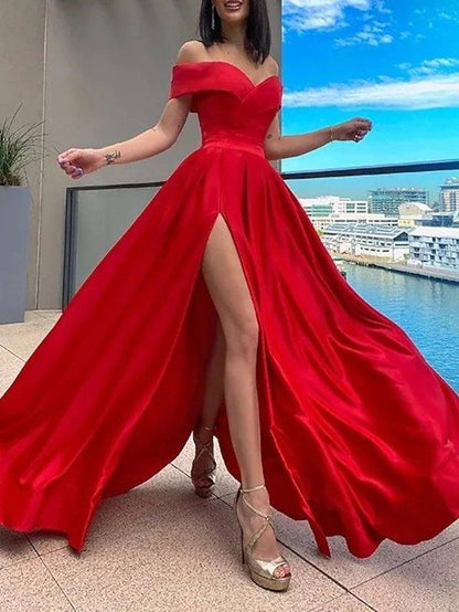 A-Line Sexy Wedding Guest Formal Evening Dress Off Shoulder Sleeveless Sweep / Brush Train Satin with Pleats Split - RongMoon