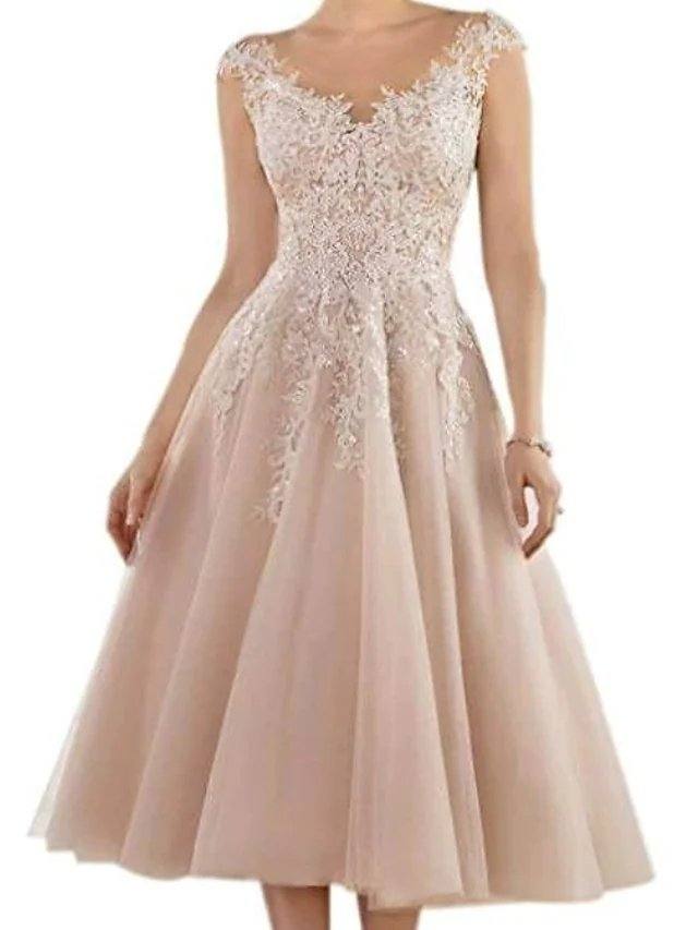 A-Line Mother of the Bride Dress Elegant V Neck Tea Length Lace Tulle Sleeveless with Pleats Appliques - RongMoon