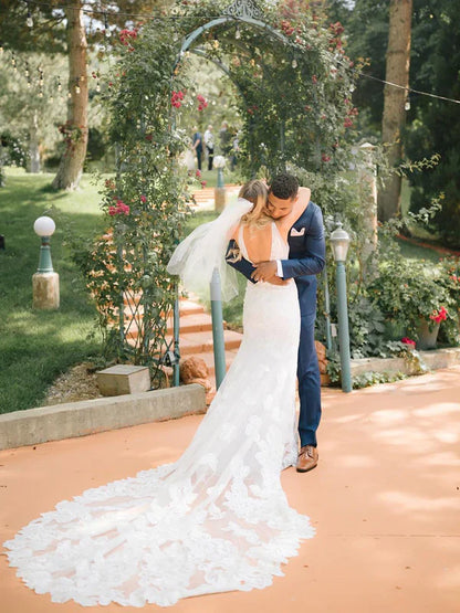 Charming V-Neck Lace Appliuqed Wedding Dresses Backless Bridal Gowns Beautiful